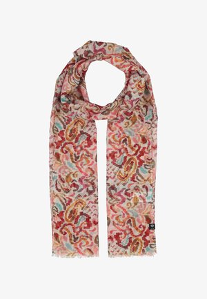 Leichter Schal mit abstraktem, mehrfarbigem Wirbelmuster in Rot-, Rosa-, Orange-, Braun- und Blautönen, mit ausgefransten Kanten und einem kleinen schwarzen Markenzeichen.