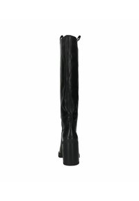Bottes noires montantes au-dessus du genou en cuir lisse, dotées d'un talon bloc, de languettes de tirage en haut et de coutures discrètes le long de l'arrière.