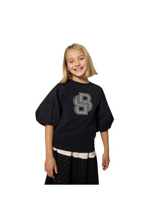 T-shirt blu navy con maniche a sbuffo, caratterizzato da un design con la lettera "B" in evidenza, adornato da strass sulla parte anteriore.
