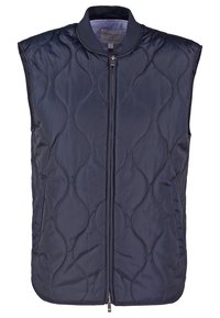 Navy blue sleeveless quilted vest with a front zipper, rounded neckline, and curved stitching pattern, made from smooth, lightweight fabric.