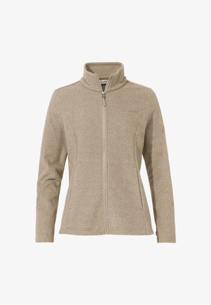 Veste polaire beige à zip intégral avec col montant, manches longues, coutures latérales et logo discret sur la poitrine gauche et la manche.