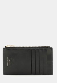 Portefeuille en cuir noir avec fermeture éclair, plusieurs emplacements pour cartes et un logo doré subtil. Texture lisse avec un design épuré.