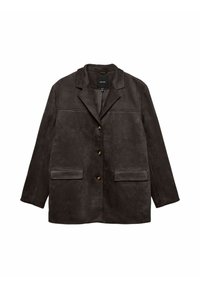 Blazer in suede marrone scuro con rever a punta, chiusura con bottone a un solo petto, due tasche frontali e una vestibilità rilassata, texture liscia.