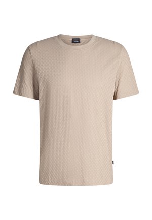 Beige Kurzarm-T-Shirt mit strukturierter, gemusterter Oberfläche. Rundhalsausschnitt und kleines Logetikett an der Seitennaht.