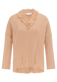 Suéter de color melocotón con canalé, con un escote en V deshilachado, mangas largas y un corte relajado, que cuenta con un dobladillo que cae en la parte posterior.