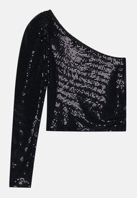 Svart off-shoulder topp laget av paljettstoff, med langermet, glitrende tekstur og figursydd design.
