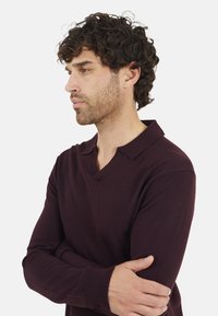 Bordeaux langemouw polo-shirt in een zachte breisel stof, met een V-hals en geribbelde manchetten, in een slim-fit ontwerp en een ingetogen stijl.