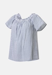 Blouse rayée verticale bleu et blanc à manches courtes, avec encolure élastique décolletée aux épaules et coupe ample.