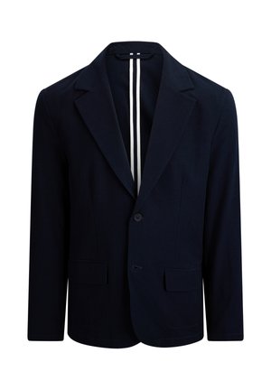 Marineblå enkeltspent blazer med hakket slag, to frontlommer med klaff og en hvit dobbel stripe på innsiden av kragen.