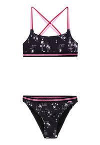 Zwart zwemset met palmboom- en geometrische prints. Top heeft kruislings gedragen banden; de onderkant heeft een contrasterende tailleband met roze accenten.