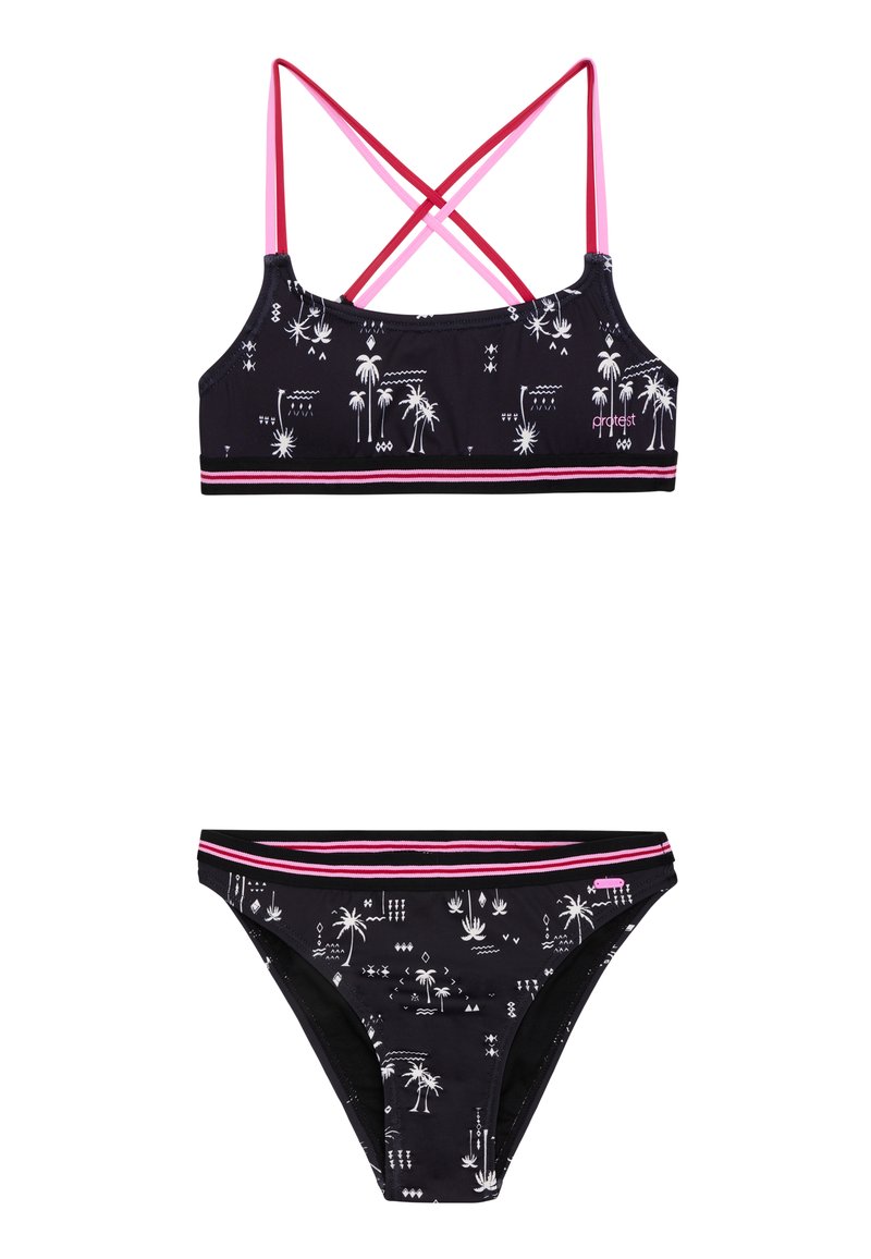 Zwart zwemset met palmboom- en geometrische prints. Top heeft kruislings gedragen banden; de onderkant heeft een contrasterende tailleband met roze accenten.