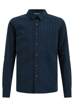 Marineblå langærmet skjorte med vertikalt mønster, knapper foran og spids krave, med brune knapper og tekstureret stof.