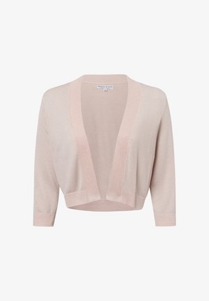 Light pink cropped cardigan with a deep V-neck, three-quarter sleeves, soft texture, and contrasting ribbed edges.