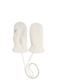 Kremaste rukavice od mekog, teksturiranog materijala s fluffy vanjskom stranom i glatkom unutarnjom oblogom, povezane užetom.