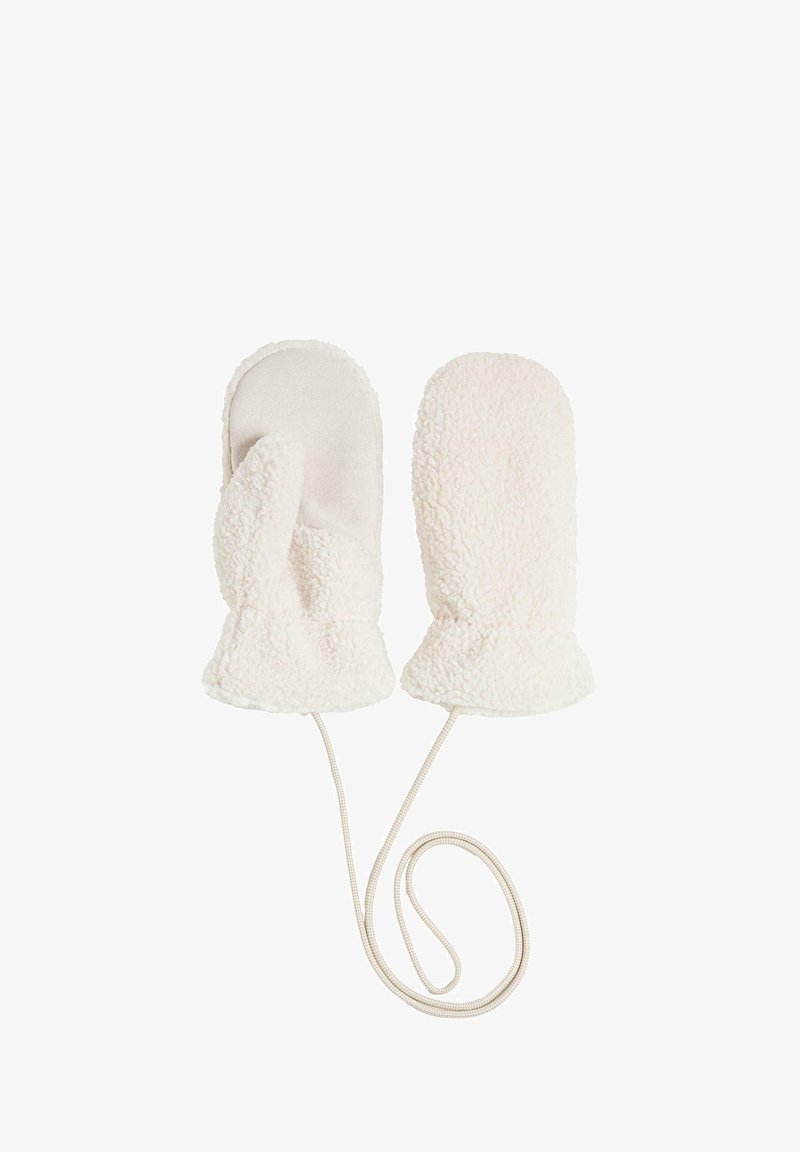 Kremaste rukavice od mekog, teksturiranog materijala s fluffy vanjskom stranom i glatkom unutarnjom oblogom, povezane užetom.