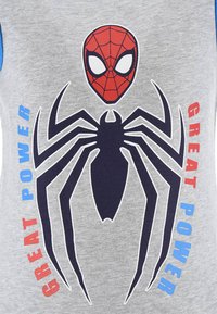 Gray tank top featuring a red Spider-Man face graphic above a black spider silhouette. Text reads "GREAT POWER" in red and blue.
