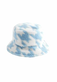 Chapeau seau en polaire texturée, arborant un motif pied-de-poule bleu clair et blanc. Sommet arrondi et large bord flexible.