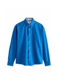 Camisa de manga larga azul brillante con botones, cuello, botones blancos y un forro de cuello a rayas. Material de algodón suave, con un pequeño logotipo en el pecho.