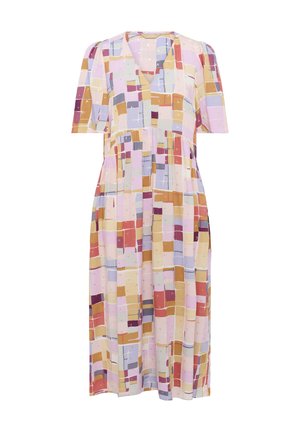 Robe à manches courtes avec un décolleté en V, ornée d'un motif de carrés colorés dans des teintes de rose, violet et or, fabriquée en tissu léger.