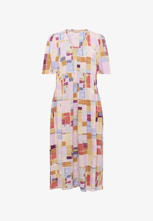 Lyhythihainen mekko, jossa on V-pääntie, ja se on koristeltu värikkäillä neliöillä vaaleanpunaisissa, violeteissa ja kultaisissa sävyissä. Valmistettu kevyestä kankaasta.