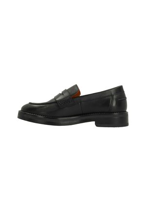 Black leather slip-on shoe with a smooth finish, featuring a decorative strap and contrasting orange-brown interior accent. Thick sole.