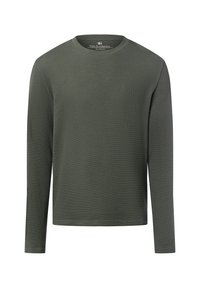 Langarmshirt in donkergroen, gemaakt van gestructureerde stof. Heeft een ronde halslijn en een eenvoudig ontwerp zonder extra patronen of accenten.