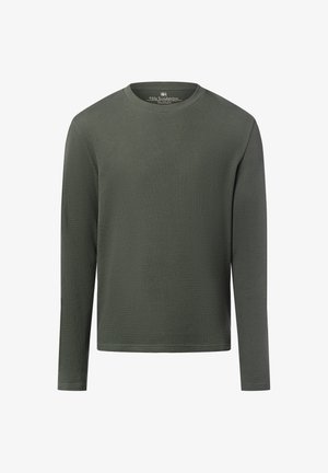 Camicia a maniche lunghe di colore verde scuro, realizzata in tessuto testurizzato. Presenta un collo rotondo e un design semplice, senza ulteriori motivi o accenti.