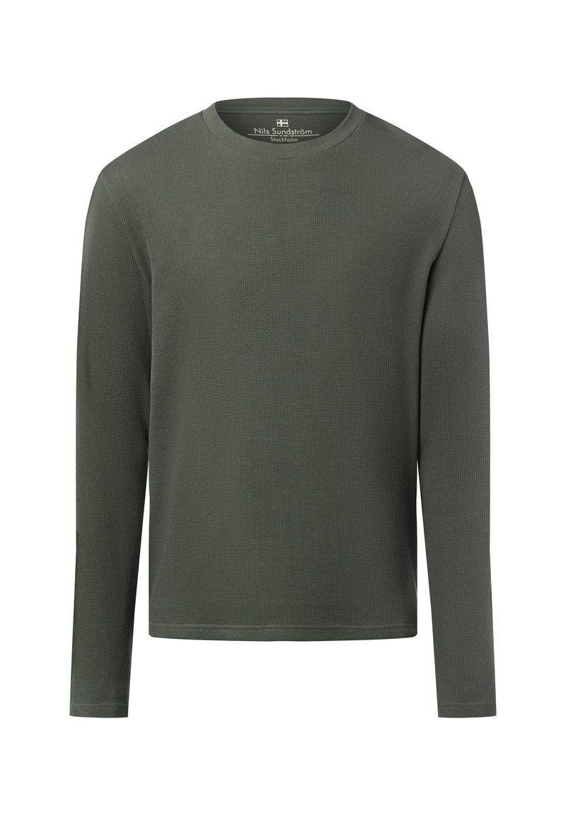 Langarmshirt in donkergroen, gemaakt van gestructureerde stof. Heeft een ronde halslijn en een eenvoudig ontwerp zonder extra patronen of accenten.