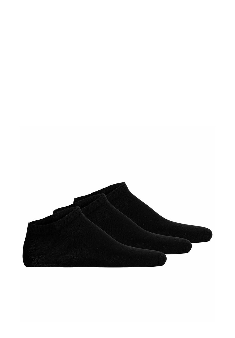 Drei Paare schwarzer Knöchelsocken aus weichem Baumwollmix, mit einem gerippten Bündchen und nahtlosem Zehendesign für zusätzlichen Komfort.