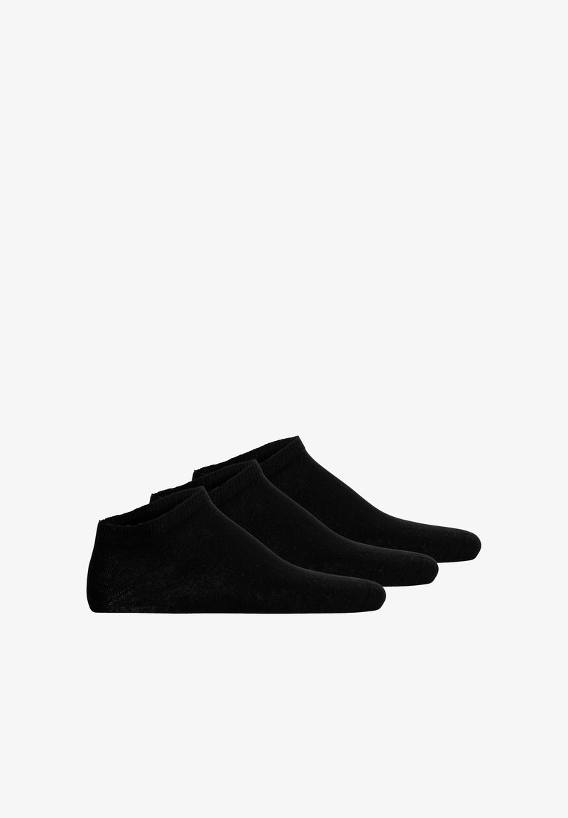 Drei Paare schwarzer Knöchelsocken aus weichem Baumwollmix, mit einem gerippten Bündchen und nahtlosem Zehendesign für zusätzlichen Komfort.
