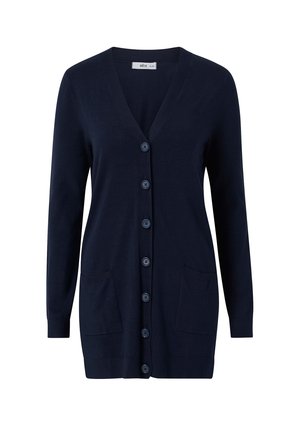Navyblauw vest gemaakt van zachte stof, met een V-hals, knoopsluiting aan de voorkant, twee voorkruiszakken en lange mouwen.