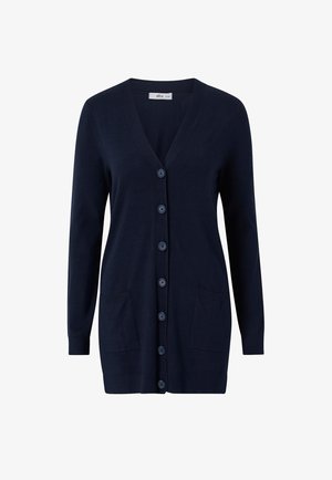 Cardigan bleu marine en tissu doux, avec un col en V, une fermeture à boutons sur le devant, deux poches avant et des manches longues.
