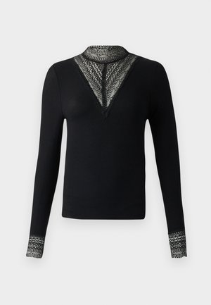 Top negru cu mâneci lungi, cu decupaj în V din dantelă și mansete din dantelă cu un model. Textură nervurată pe întreaga suprafață, evidențiind un design ajustat.
