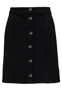 Falda envolvente de ante negro con un corte recto, que presenta seis botones frontales y un diseño de cintura alta. Textura suave con un acabado mate.