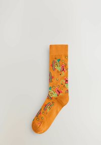 Bright orange sock with colorful taco and salsa cup pattern scattered across its fabric.