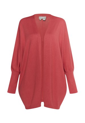 Cardigan roșu cu un croi lejer, cu deschidere în față și mâneci balon. Fabricat dintr-un material tricotat moale, având o textură netedă și mansete cu model din jerseu.