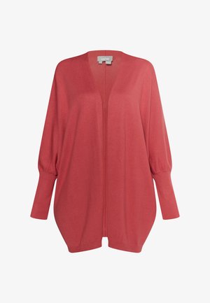 Červený kardigan s volným střihem, otevřeným předním dílem a balónovými rukávy. Vyrobeno z měkkého pleteného materiálu, s hladkým texturem a žebrovanými manžetami.