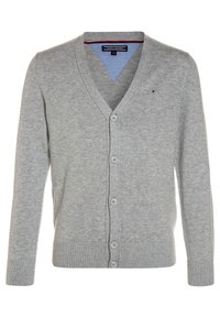 Grauer Cardigan mit V-Ausschnitt und Knopfverschluss. Hat gerippte Bündchen und einen gerippten Saum. Hergestellt aus weichem Material, mit einem kleinen Logodetail auf der Brust.