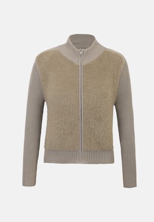 Beiger Reißverschluss-Pullover mit gerippten Ärmeln und strukturierten, flauschigen Frontpaneelen. Verfügt über einen hohen Kragen und ein gerades Schnittdesign.