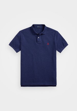 Navy polo shirt with short sleeves, two-button placket, and a small red logo on the left chest. Made of soft cotton fabric.