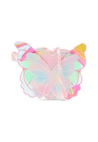 Borsa a forma di farfalla realizzata in materiale iridescente con colori pastello e ali trasparenti. Presenta una chiusura a cordoncino rosa.