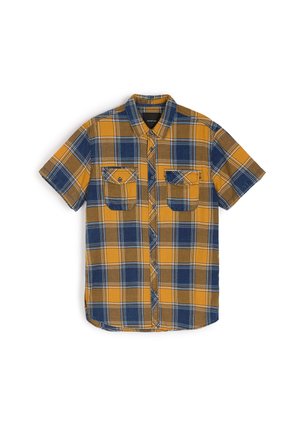Koszula na krótki rękaw z guzikami w żółto-niebiesko-brązowy wzór w kratę. Posiada dwie przednie kieszenie, klasyczny kołnierz oraz prosty dół.