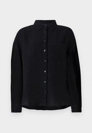 Black long-sleeve shirt made of lightweight fabric, featuring a pointed collar, button front, single chest pocket, and relaxed fit.