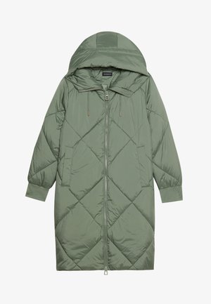 Quilted long green puffer coat with a hood, featuring a front zipper closure and two side pockets. Textured diamond pattern throughout.