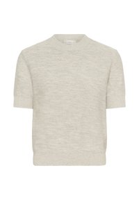 Pulover tricotat bej cu mâneci scurte, cu manșete și tiv cu dungi, având decolteu rotund.