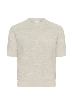 Beige színű, rövid ujjú kötött pulóver, bordás mandzsettával és alsó részével, kerek nyakkivágással.