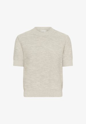 Suéter de punto beige de manga corta con puños y dobladillo acanalados, que presenta un escote redondo.