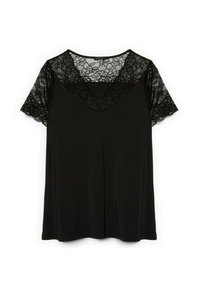 Top nero con maniche corte in pizzo e scollo a V rifinito in pizzo. Tessuto morbido con una vestibilità rilassata e una superficie liscia.