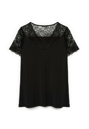 Top nero con maniche corte in pizzo e scollo a V rifinito in pizzo. Tessuto morbido con una vestibilità rilassata e una superficie liscia.