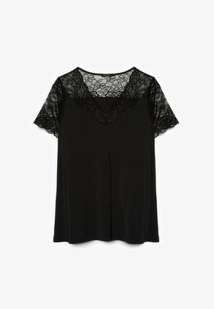 Top nero con maniche corte in pizzo e scollo a V rifinito in pizzo. Tessuto morbido con una vestibilità rilassata e una superficie liscia.